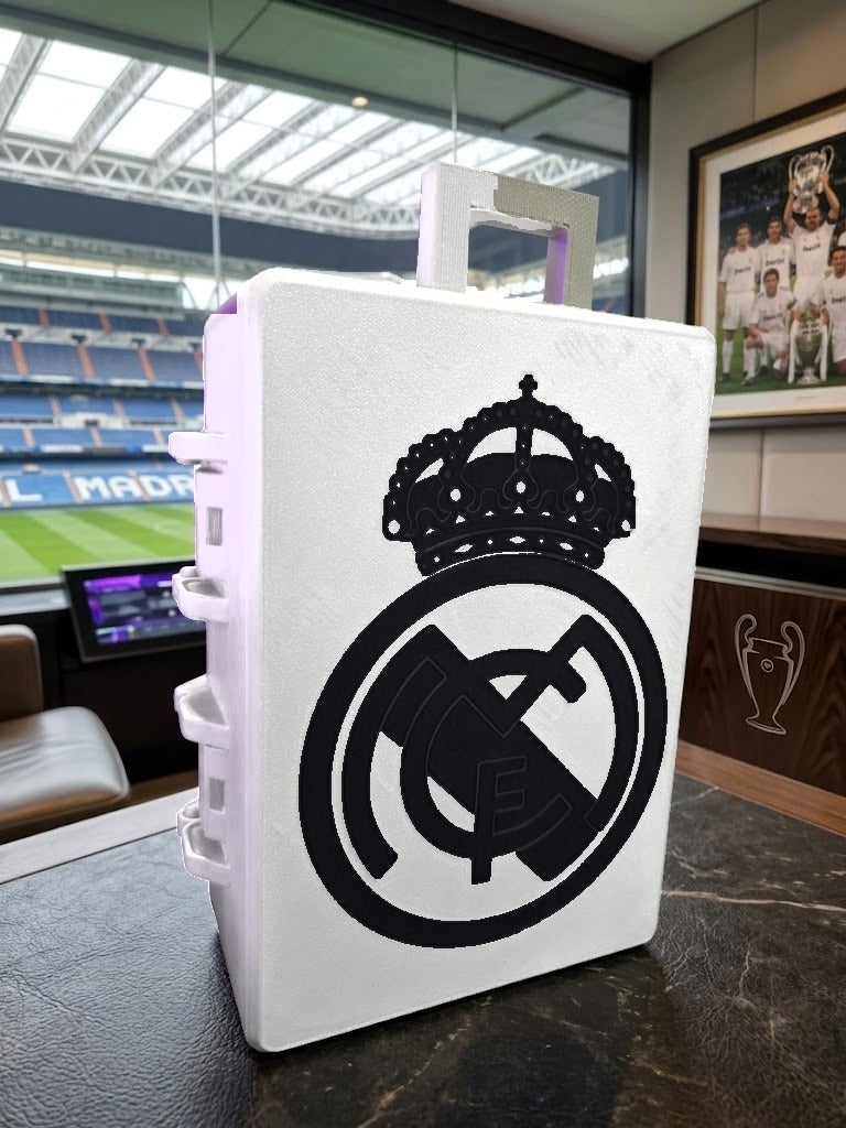 Caja porta-objetos con escudo Real Madrid en palco del Bernabéu - caja blanca y escudo negro