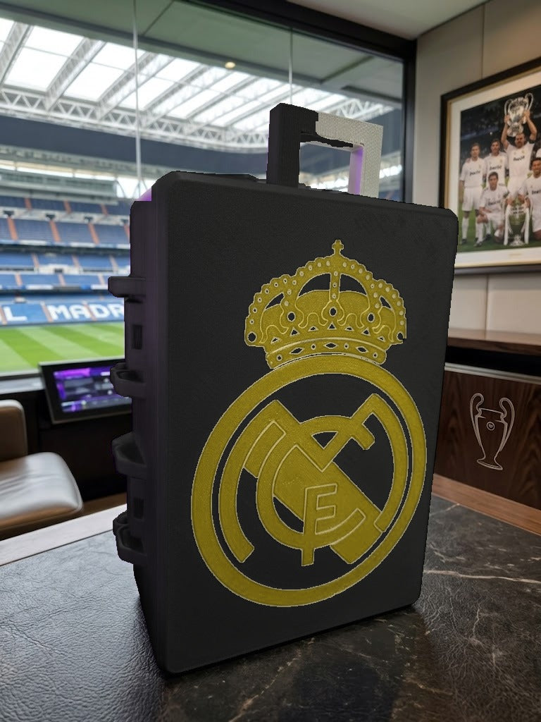 Caja porta-objetos con escudo Real Madrid en palco del Bernabéu - caja negra y escudo dorado