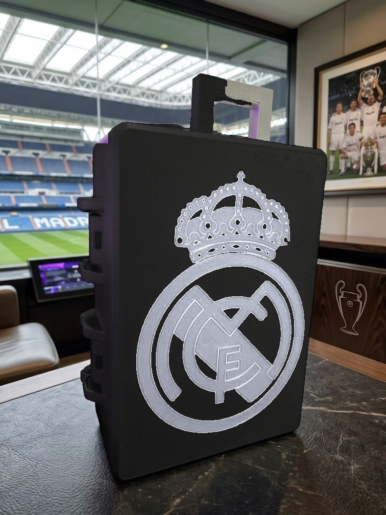 Caja porta-objetos con escudo Real Madrid en palco del Bernabéu - caja negra y escudo blanco